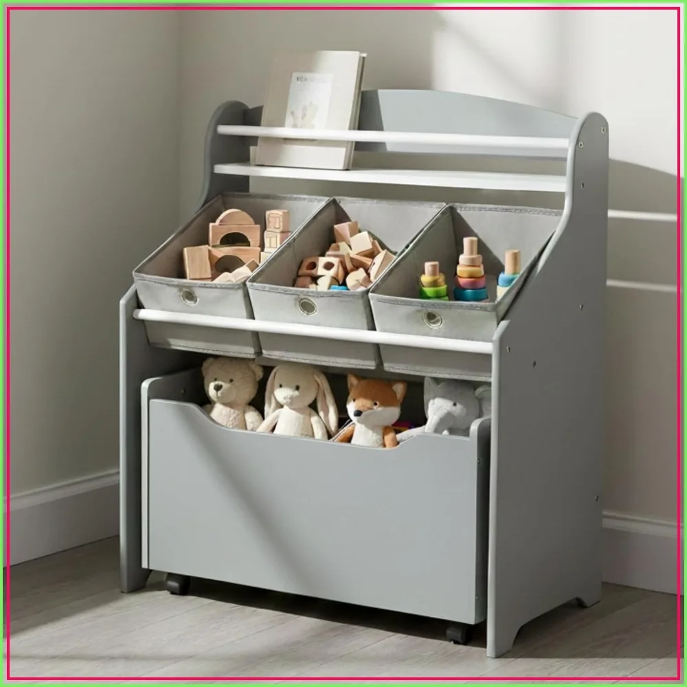 

3-in-1 Kids Bookshelf & Toy Storage Organizer with Rolling Box & Fabric Bins, Grey