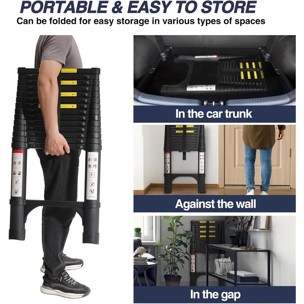 Escalera telescópica de aluminio de 14,5 pies de BOCOM, liviana y plegable para uso multiusos con estabilizadores triangulares duales a