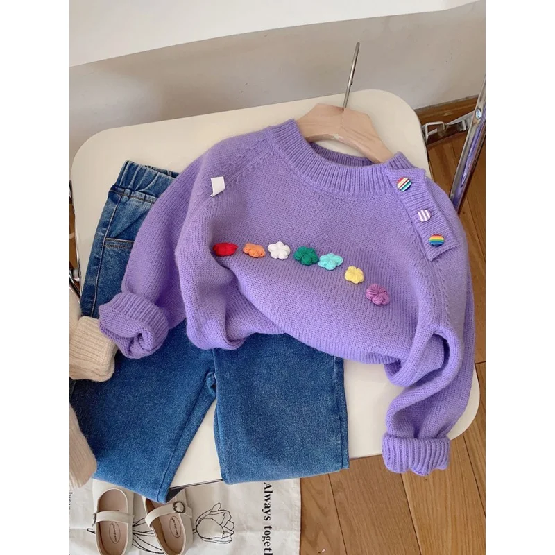 

Girls' Flower Sweater 2023 Autumn and Winter Girls' round Neck Sweet Knitted Sweater Children's Solid Color Base Sweater Top