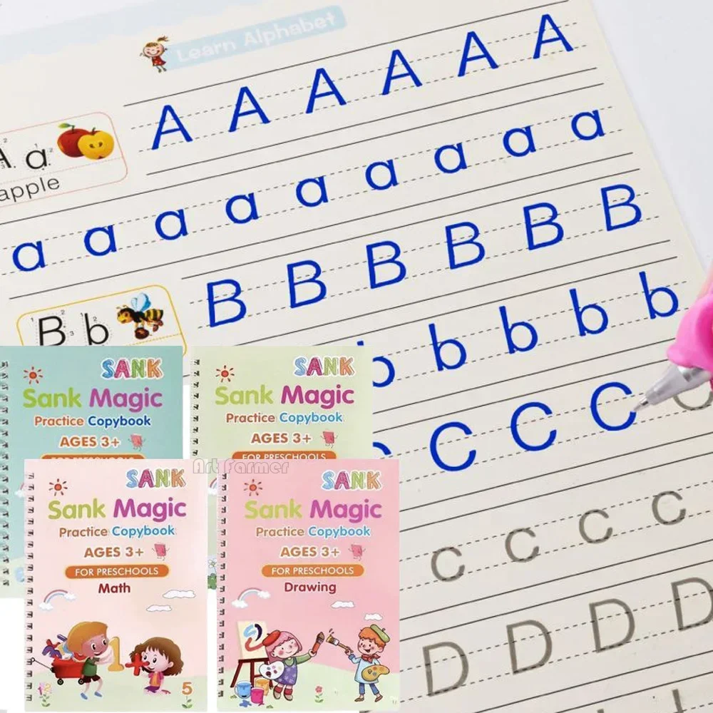 4 Books Magic Writing Book in Spanish Calligraphy Notebook Montessori Kids Reusable Educational Calligraphic Letter Practice Toy