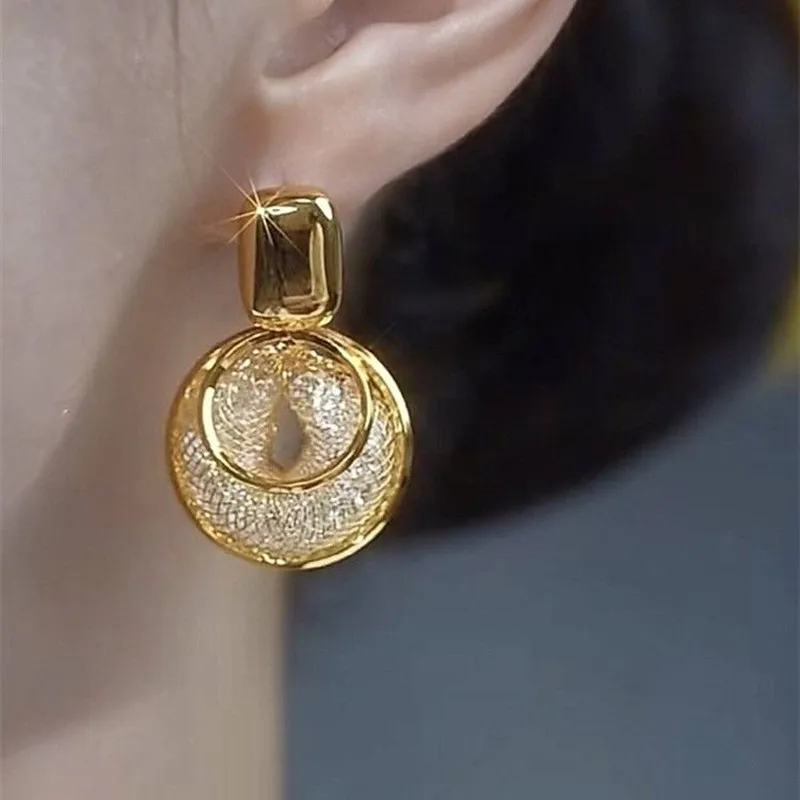 Vintage Metal Big Round Dangle Earrings for Women Exaggerated Gold Color Long Geometric Statement Earrings Jewelry 2024 New