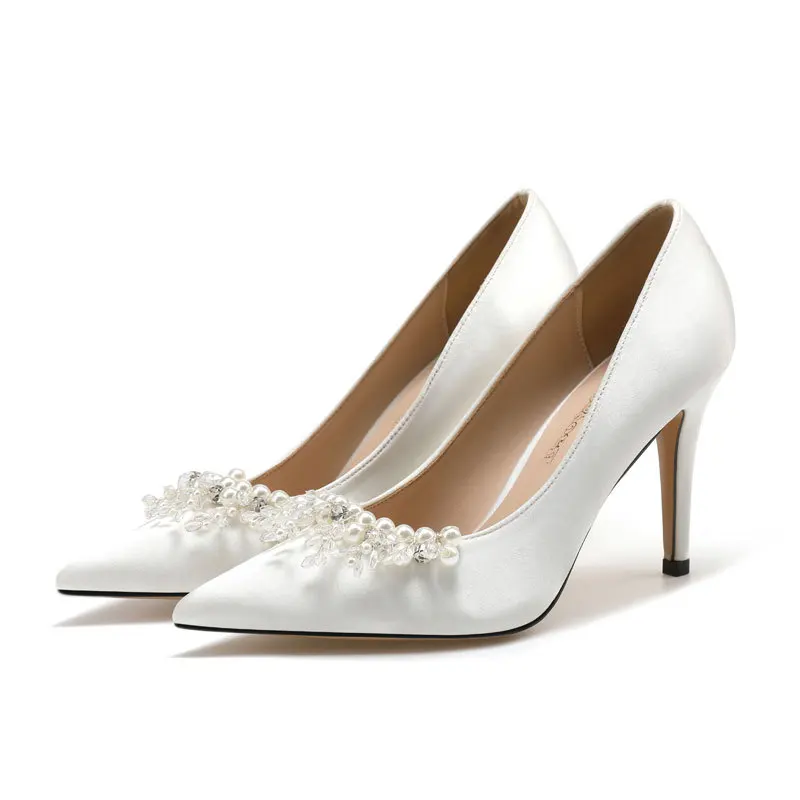 

Атласные свадебные туфли на высоком каблуке с кристаллами, новые женские туфли для французской невесты с жемчугом