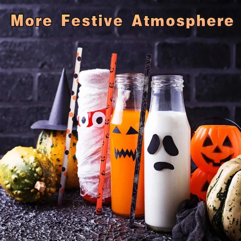 Party Paper Straws Drinking Halloween Biodegradable Pumpkin Witch Bat Spider Web Skeleton Pattern Decor Halloween Party Supplies