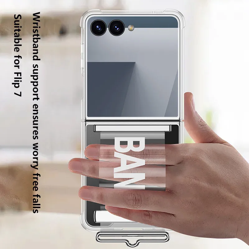

Wrist Strap Bracket Case For Samsung Z Flip7 Flip 7 ZFLIP7 5G Corners Airbag Ultra Thin Transparent Anti-Collision Cover