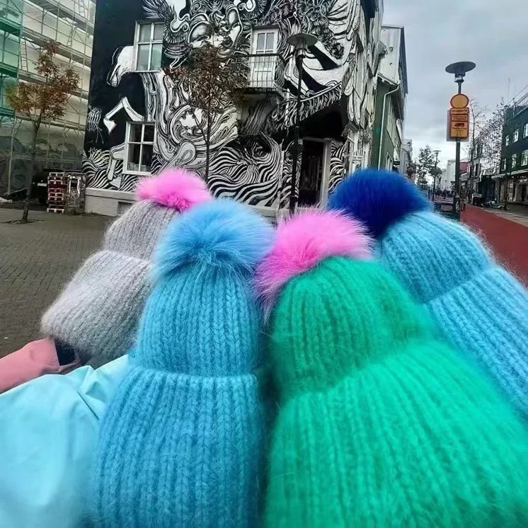 Iceland Same Rabbit Fur Knitted Beanie Hat Paris Niche Cute Big Fox Hairball Handmade Wool Hat Female