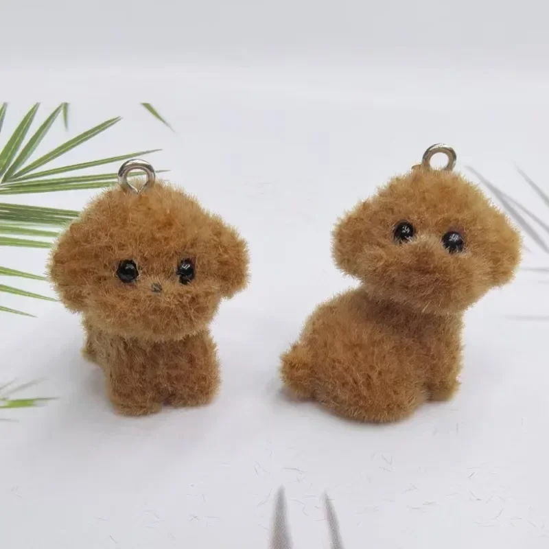 20Pcs 3D Flocking Brown Dog Resin Charms Plush Cartoon Animal Dog Doll Pendant For Bag Keychain Earrings DIY Crafts Jewelry Make