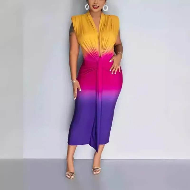 

2024 Spring Summer New Women's Clothing Gradient Printing Sleeveless Deep V-neck Long Skinny Sheath Dress