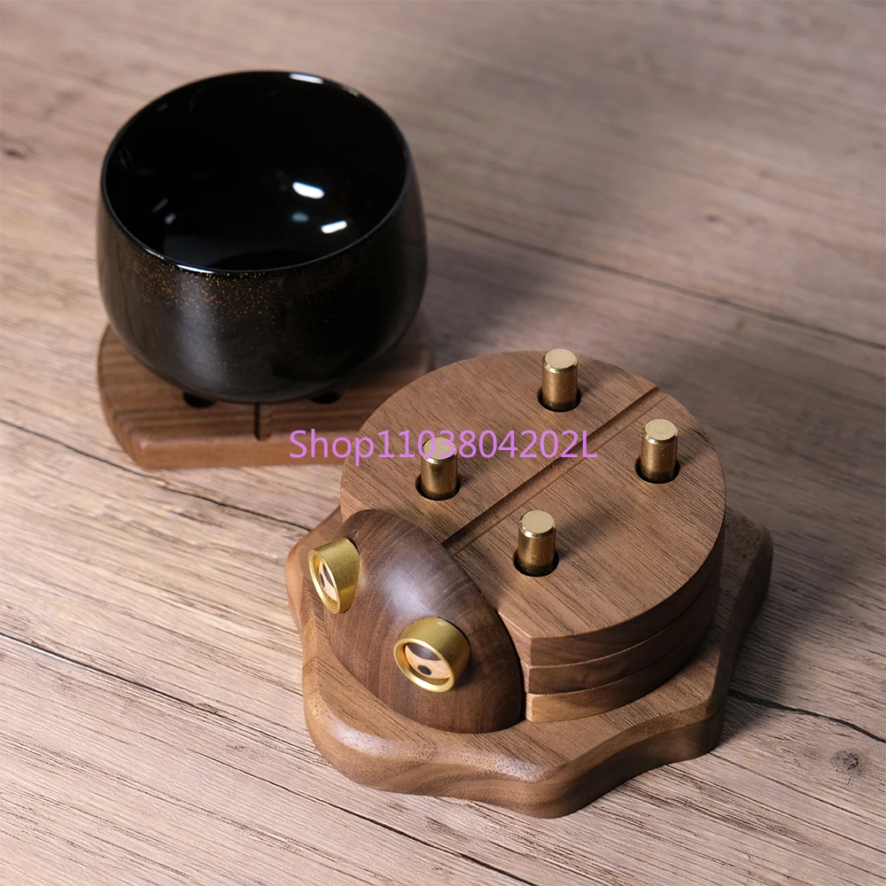 Creative Fun Black Walnut Solid Wood Beetle Coaster Combination Suit Cute Wood Animal Modeling Cup Saucer