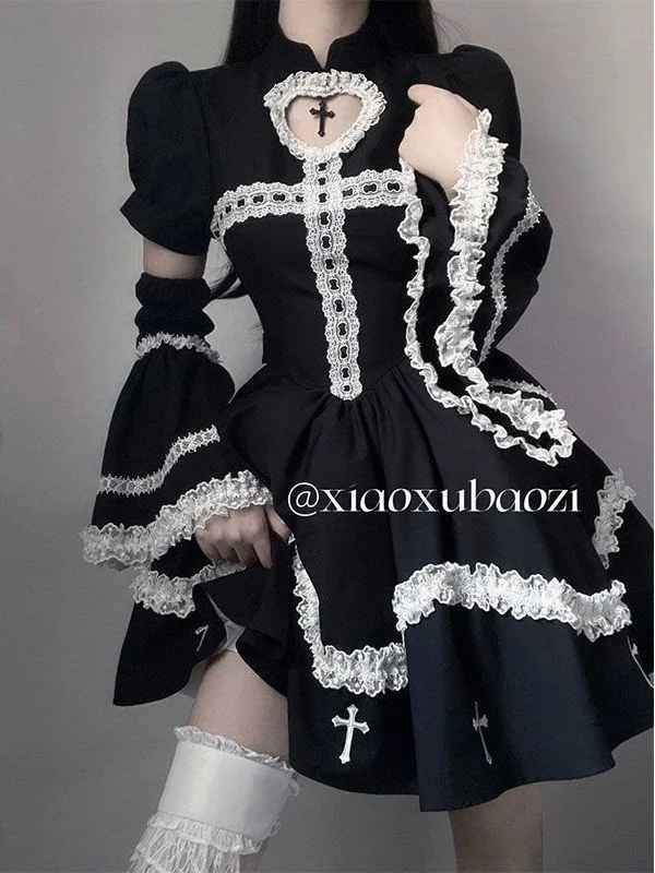 Robe de Cosplay Gothique Japonaise à Manches sulfpour Femme, Tenue Mi-Longue Noire en Dentelle à Volants, Y2k