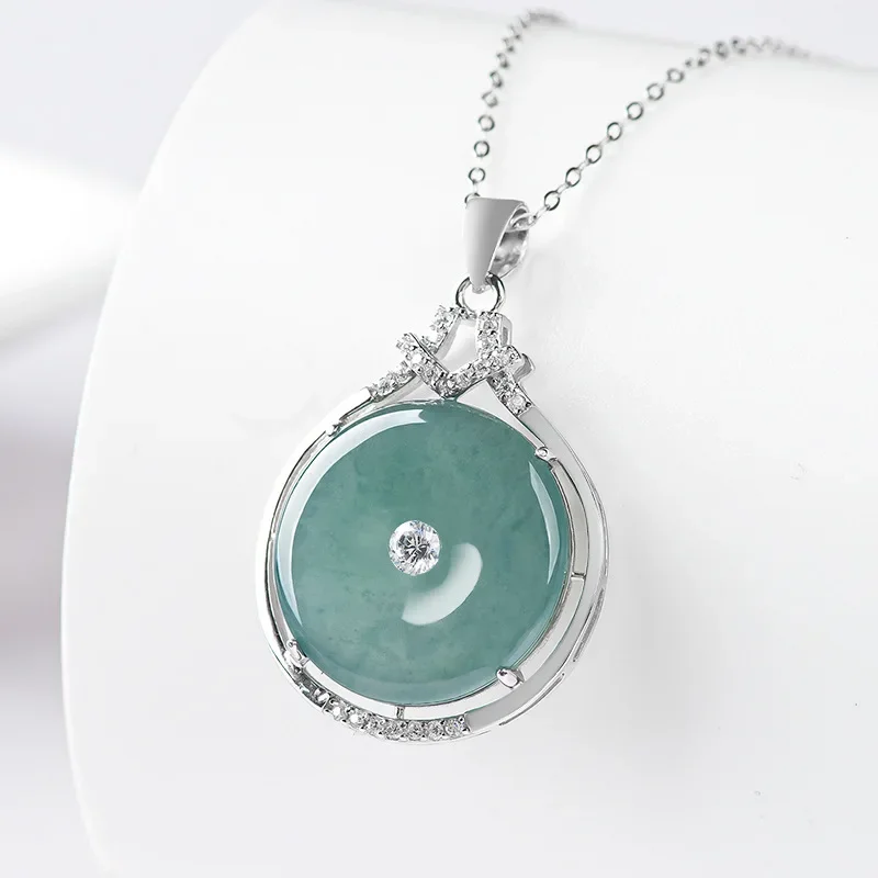 

Burmese Jade Donut Pendant Certificate Necklace Gift Fashion Accessories 925 Silver Choker Jadeite Natural Blue Emerald Jewelry