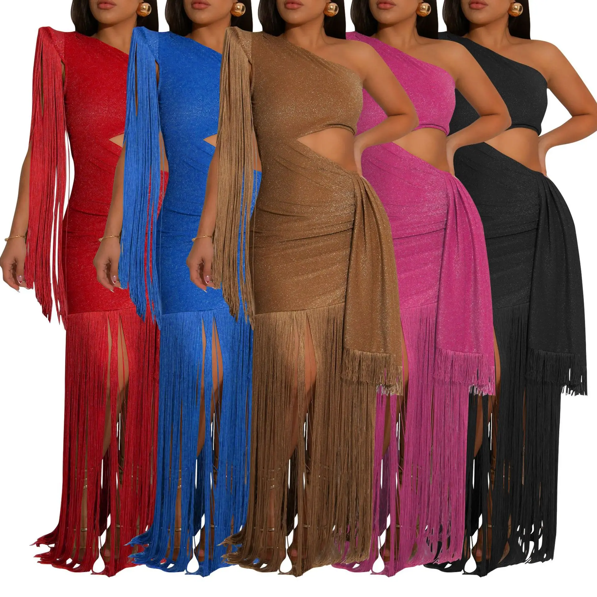 

African Women One Shoulder Tassel Sleeveless Long Dress Summer Street Evening Sexy Night Party Dresses Dashiki Africa Clothing