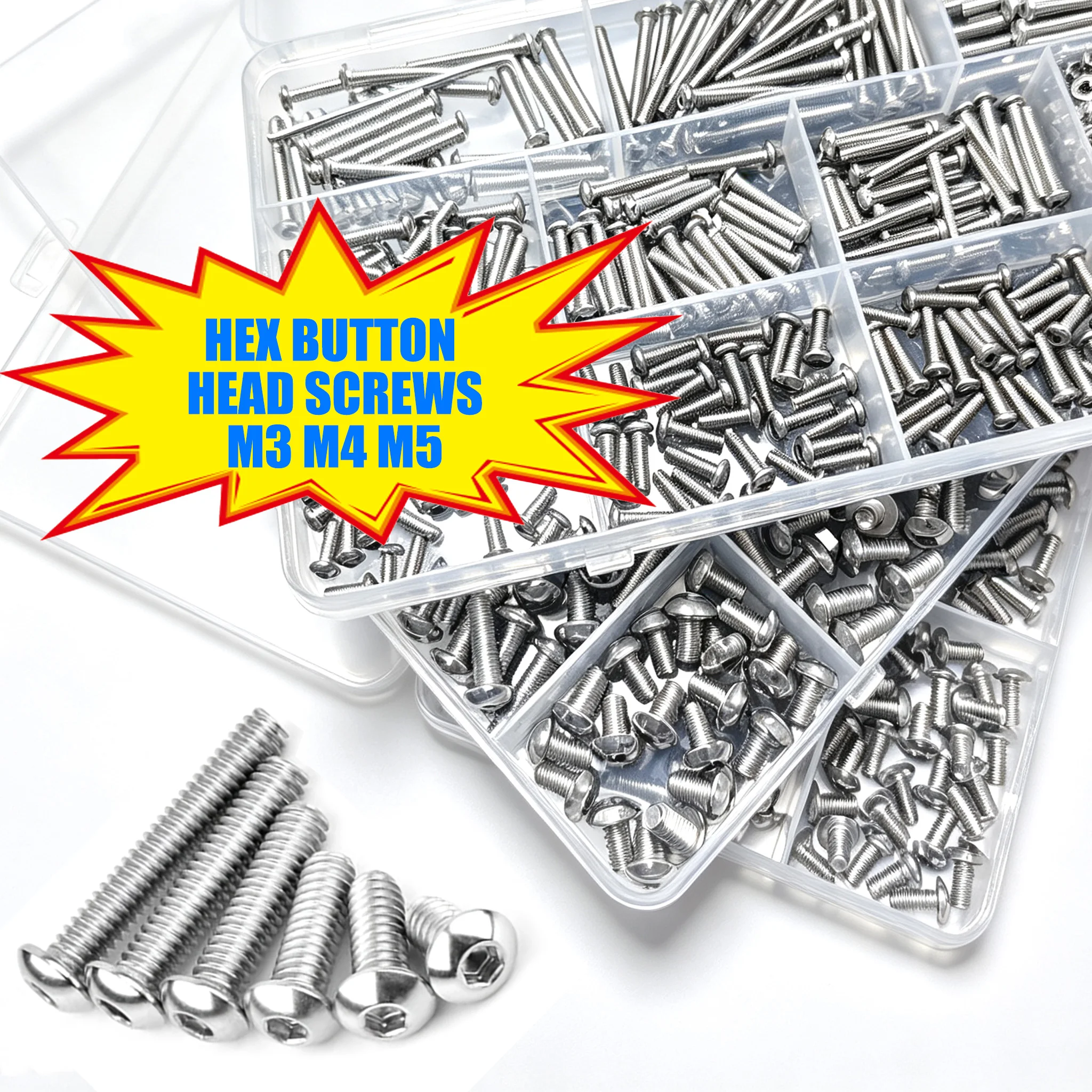 720pcs Stainless Steel Hex Socket Head Nuts and Bolts Set - M3, M4, M5 Cup Head Hex Socket Heads - Includes Flat Washers