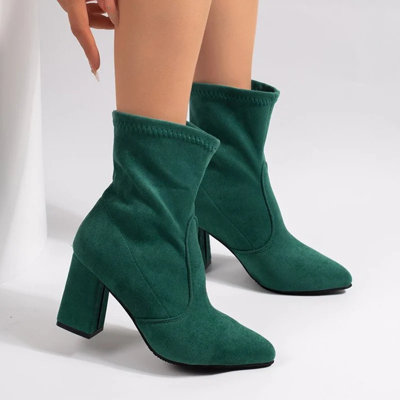 Women High Heels Ankle Boots Pointed Toe Shoes Fashion Winter Short Boots 2026 Trend Chunky Woman Shoes Suede Chelsea Botas Lady
