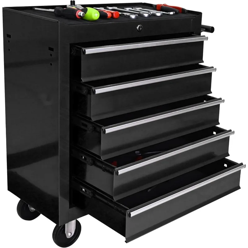 5-Drawer Rolling Tool Storage Cabinet with Detachable Tray, Multi-Functional Handles, Adjustable Shelves, Secure Locking System