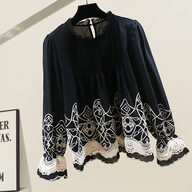 

Faionable Heavy Embroidery Puff Sve round Ne Doll irt Design Loose Long Sve Casual Sle Women's Breathable Top