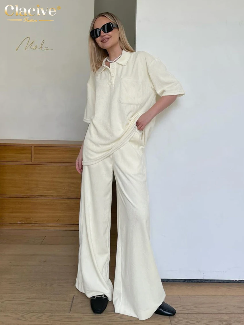 

Clacive Fashion Loose Beige Trousers Sets For Women 2 Pieces Summer Short Sleeve Shirt With High Wiast Wide Pants Set Streetwear