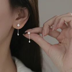 Fashion Sweet Zircon Tassel Clover Stud Earrings for Women Silver Color Delicate Earring Banquet Party Jewelry Accessories