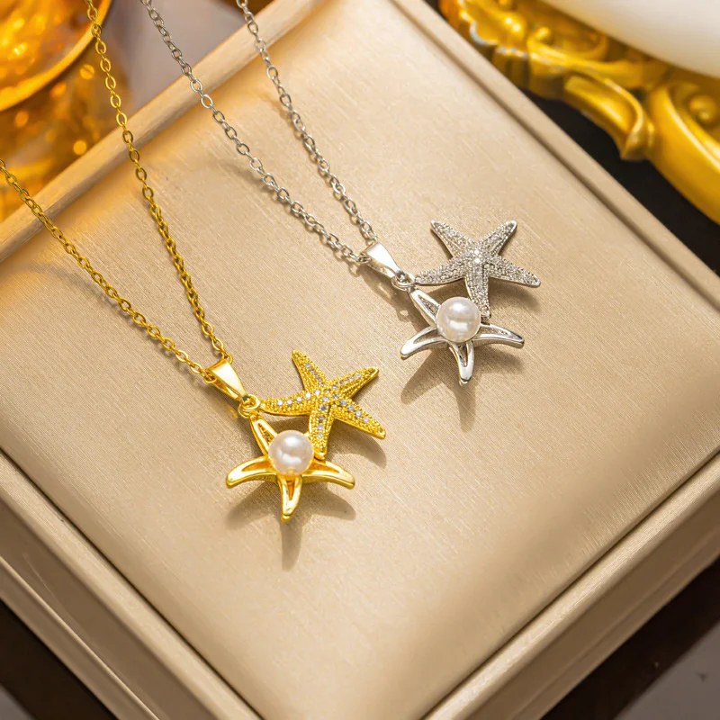 Luxury Pearl Starfish Pendant Necklace For Women Girls Exquisite Titanium Steel Clavicle Chain Jewelry Accessories Gifts