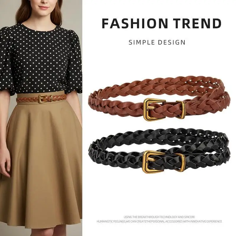 Women Minimalist Braided Woven Thin Belt Niche Irregular Gold Buckle Skinny Faux Leather Belt Versatile For Jeans Shirts Coats