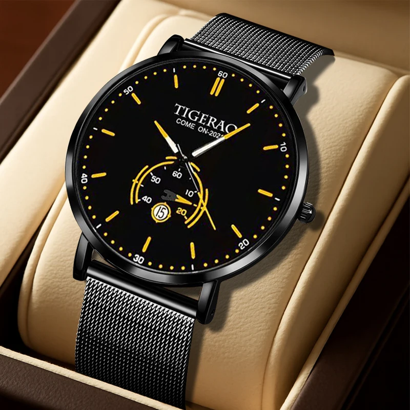 

Мужской черный сетчатый ремешок, модный простой ревень, пик, локомотив, пунктирная линия, дисплей, кварцевые часы