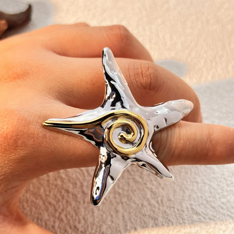 Exaggerate Oversize Two-color Starfish Rings for Women Gold&silver Mix Color Big Star Knuckle Ring Party Gifts Trendy Jewelry view 2