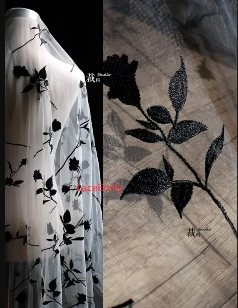 Delicate black floral embroidery Lace Fabric Floral Soft tulle lace for wedding dress Bridal Veil Floral dress 51