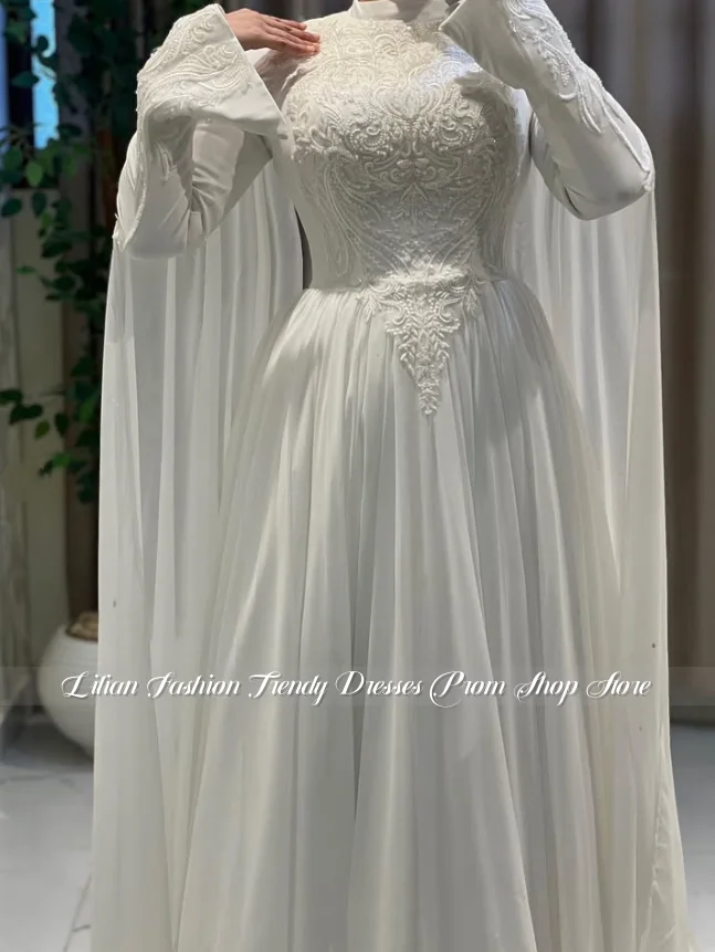 Customised White Embroidered Chiffon Muslim Wedding Dress Formal Islamic Bridal Gown Formal Evening Gown Engagement Dress