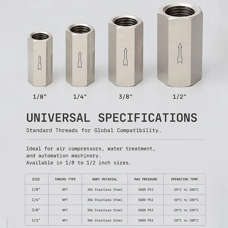 Stainless Steel Female Thread Check Valve CV 1/8 1/4 3/8 1/2 BSP One Way Inline Non Return Pneumatic Valve for Air Water Oil