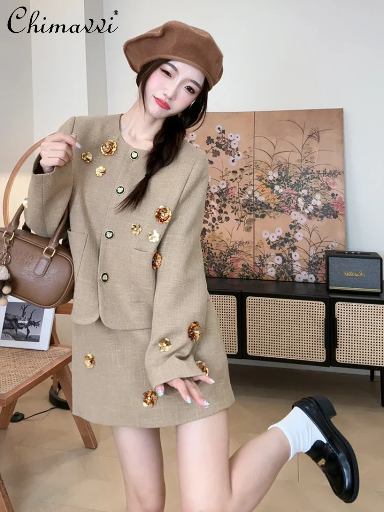 

French Elegant Commuter Sequins 3D Flower Round Neck Single-breasted Blazer Jacket High Waist Slim Skirt Two-piece Women Autumn