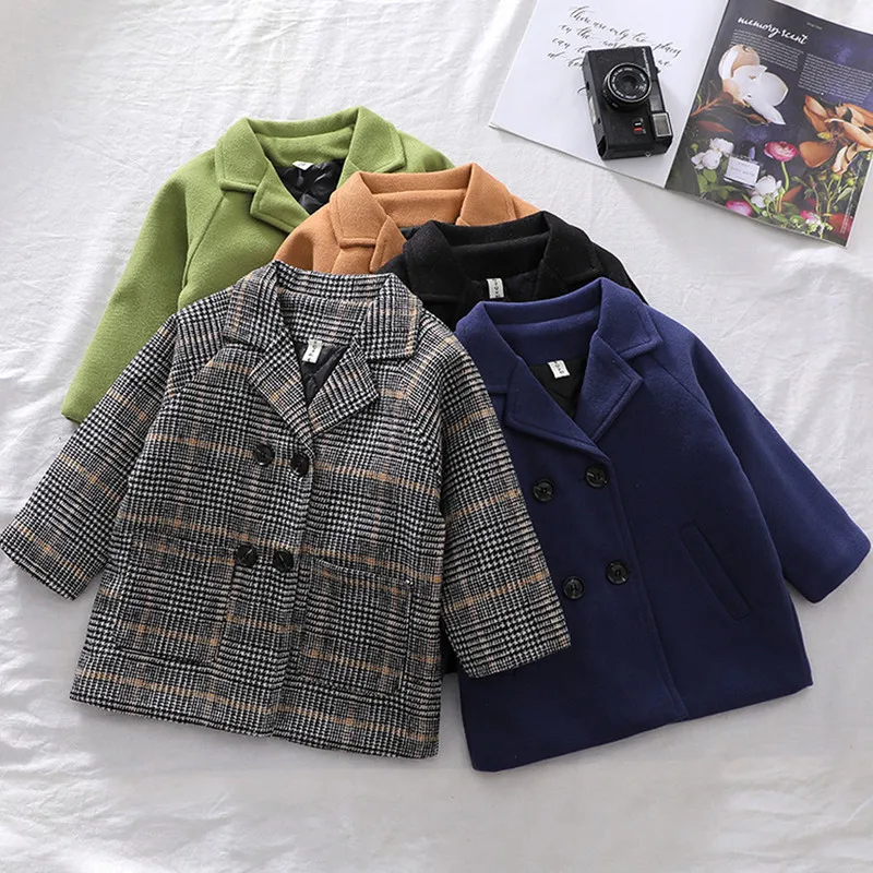 RUEWEY 2 to 7 Years Baby Girl boy Woolen Coat with Plaid Pattern Double Breasted Pocket Decoration Jacket Autumn Winter Clothes