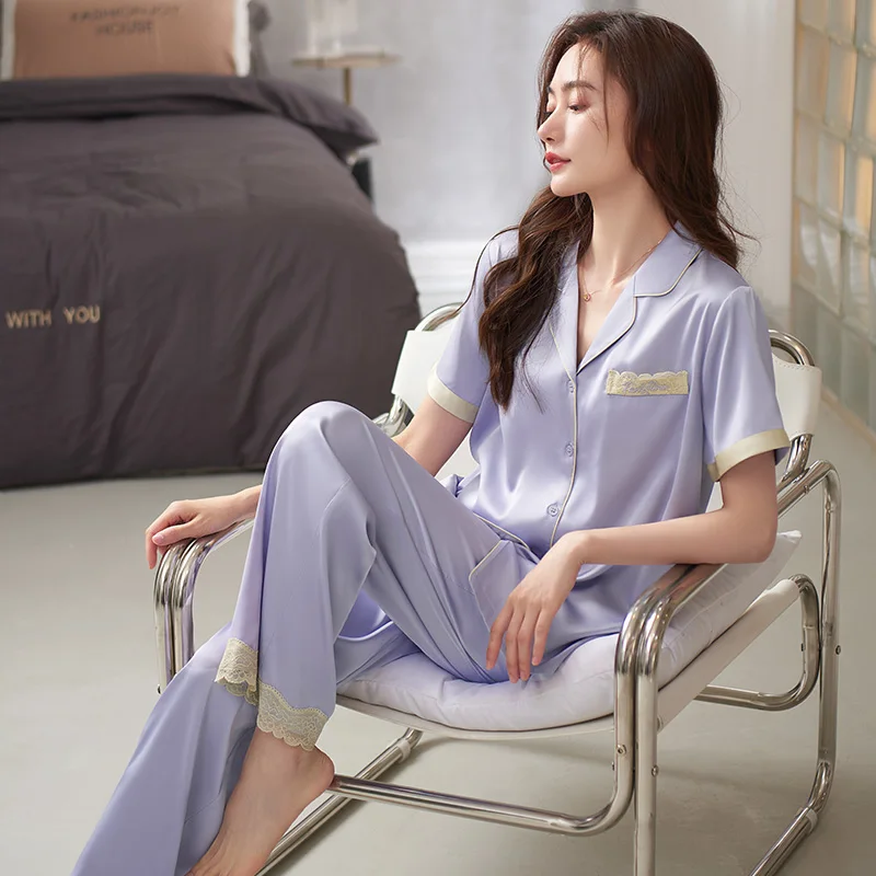 Lace Pajamas Women Home Clothes Set Outfits Fashion Short Sleeve Tops + Long Pants 2pcs/set Summer Silk Satin Cardigan Sleepwear