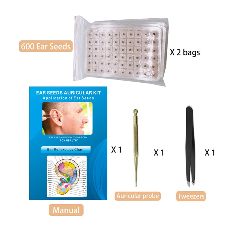 1200pcs With Acupressure Chart Tweezer Auricular Probe 4 In 1 Set Multi-Condition Ear Seeds Acupuncture Auricular Sticker Kit