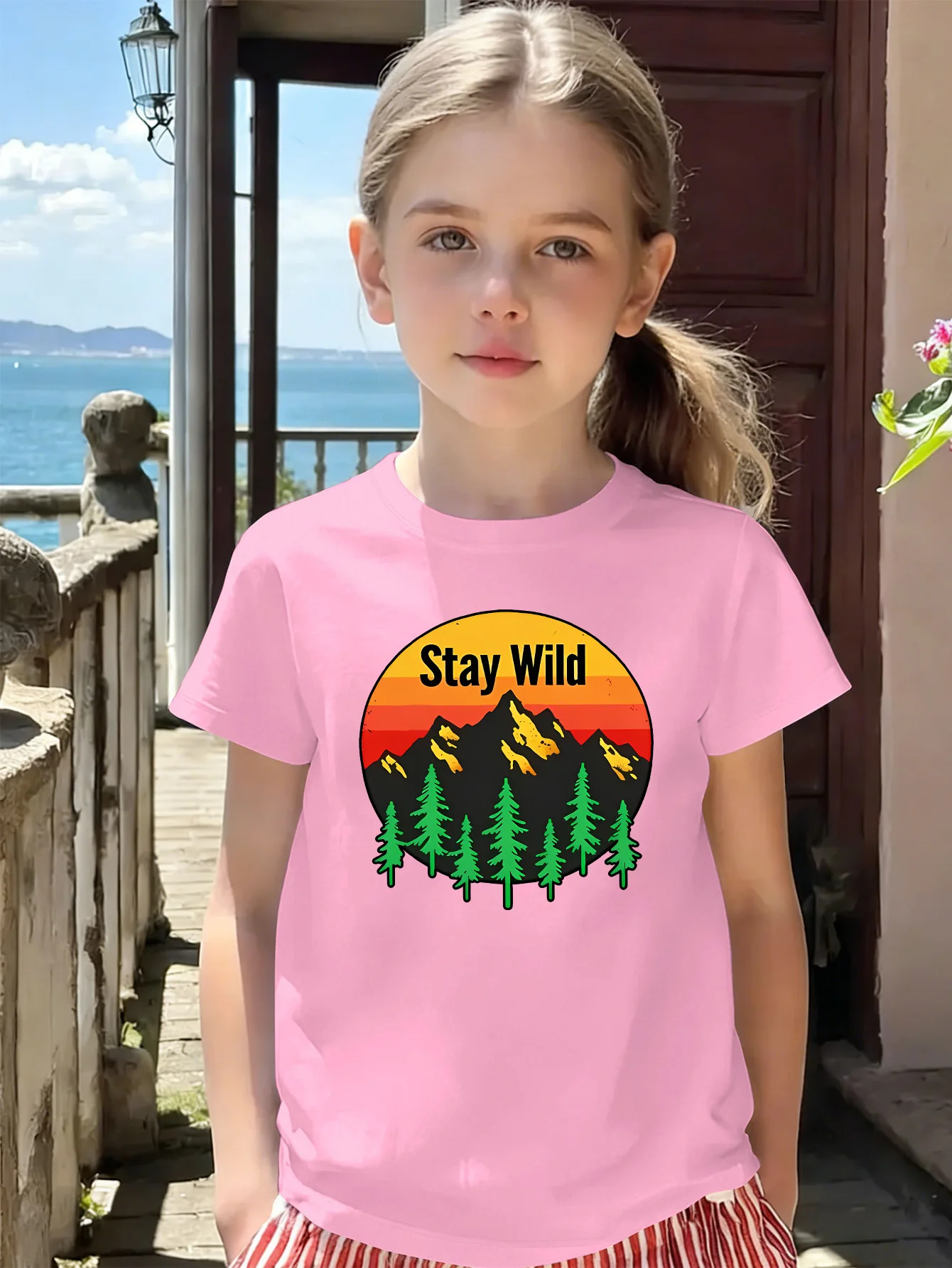 Retro Mountain Forest Stay Wild Sunset Art Print Kids Tee Boys Girls Cotton Summer Soft Casual Unisex Kids Short Sleeve Shirts