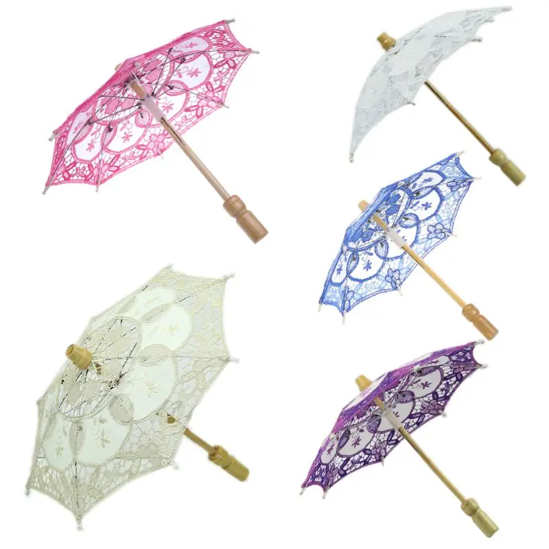 15cm Wooden Handle Embroidered Lace Parasol Photography Lace Sunshade 5 Colors