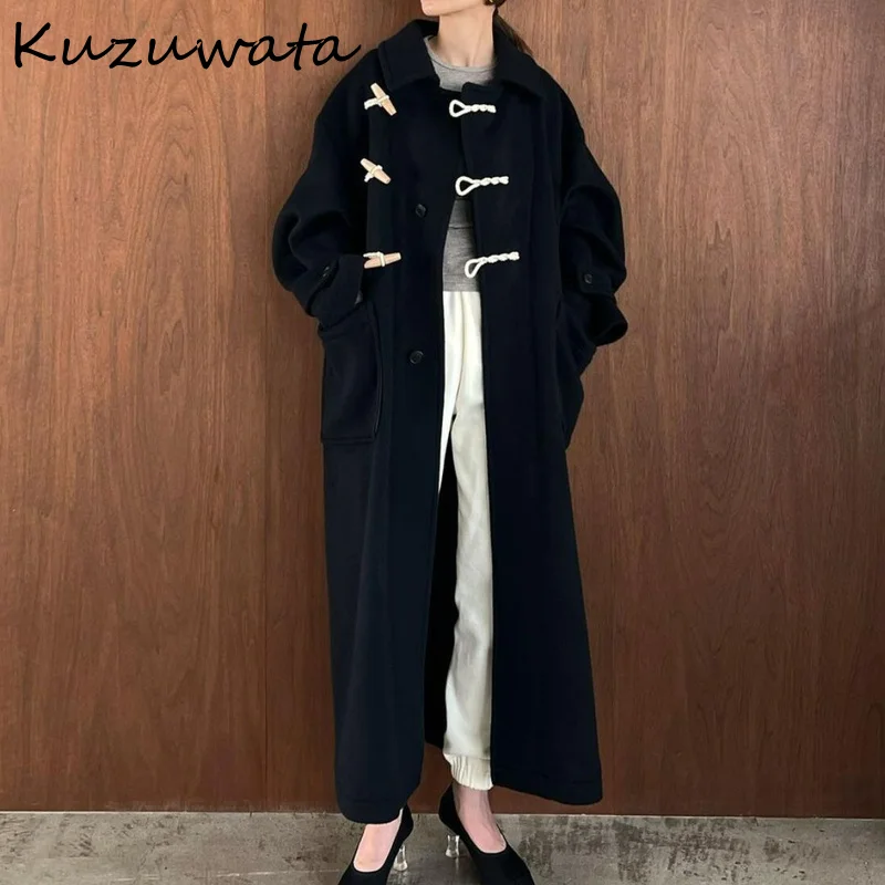 Kuzuwata Autumn Winter Clothes Women Jacket Japanese High-end Wool Blended Long Horn Buckle Loose Coat Fashion Jaqueta Feminina