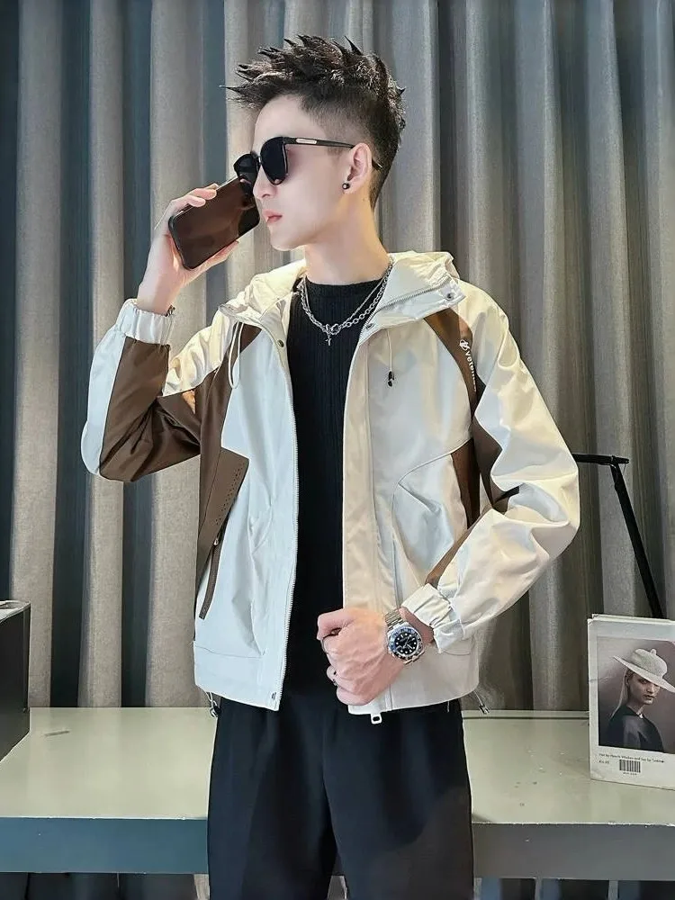 

Casual Men's Hooded Jaet Windproof Color Blo Faionable Spring Autumn New Sle Polyester Fiber Long Sve Zipper Closure