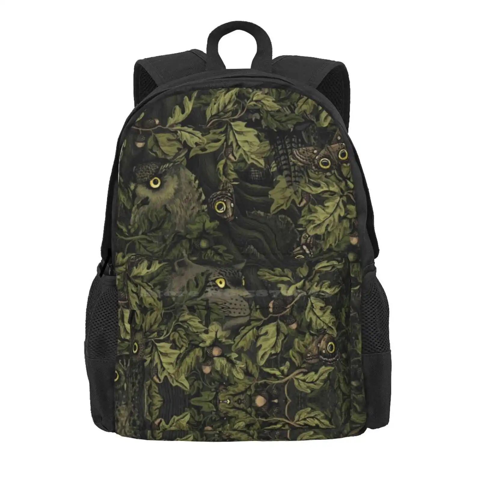 Fit In (Olive Green) Hot Sale Schoolbag Backpack Fashion Bags Autumn Leaves Oak Acorn Horned Owl Owls Eye Eyes Butterfly