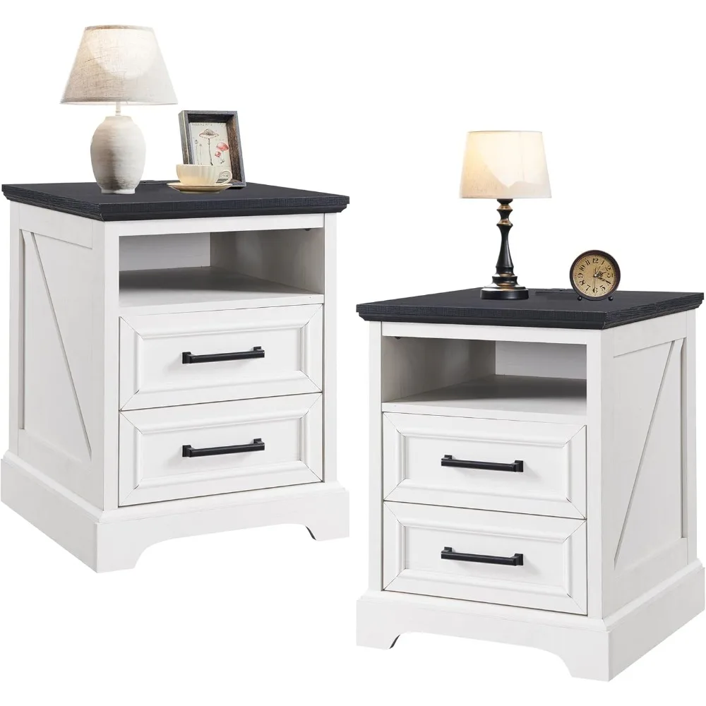 

18-inch Farmhouse Style Bedside Table Set (2 Pieces), with Charging Station and 2 Drawers