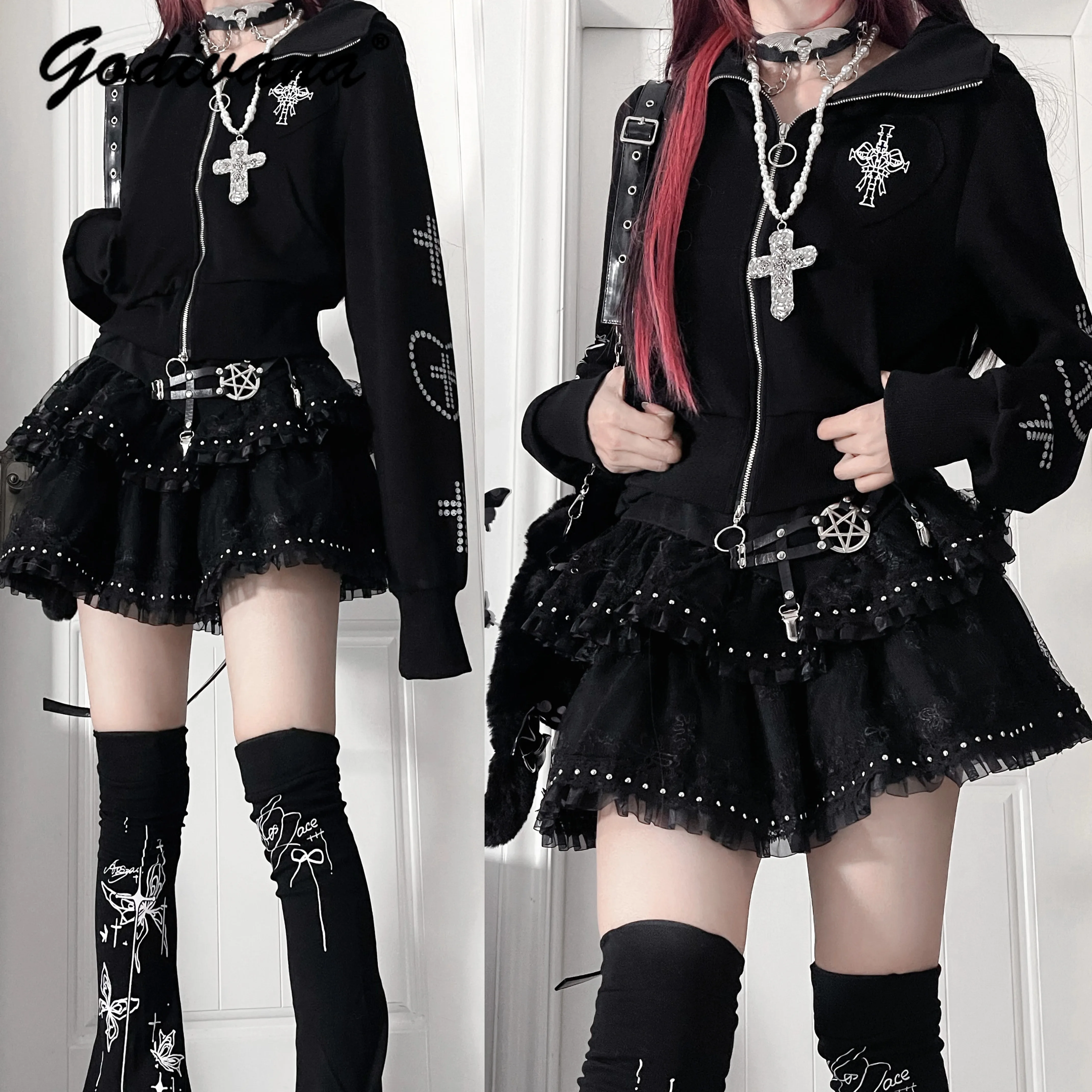 New Spring and Autumn Women's Gothic Zipper Hooded Cardigan Jacket New Subculture Girls Sweet Slim-Fit Short Hoodie Coat