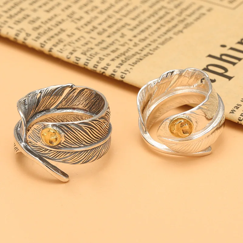 

Retro thai silver distressed handmade feather ring with adjustable opening for men and women jewelry index finger ring