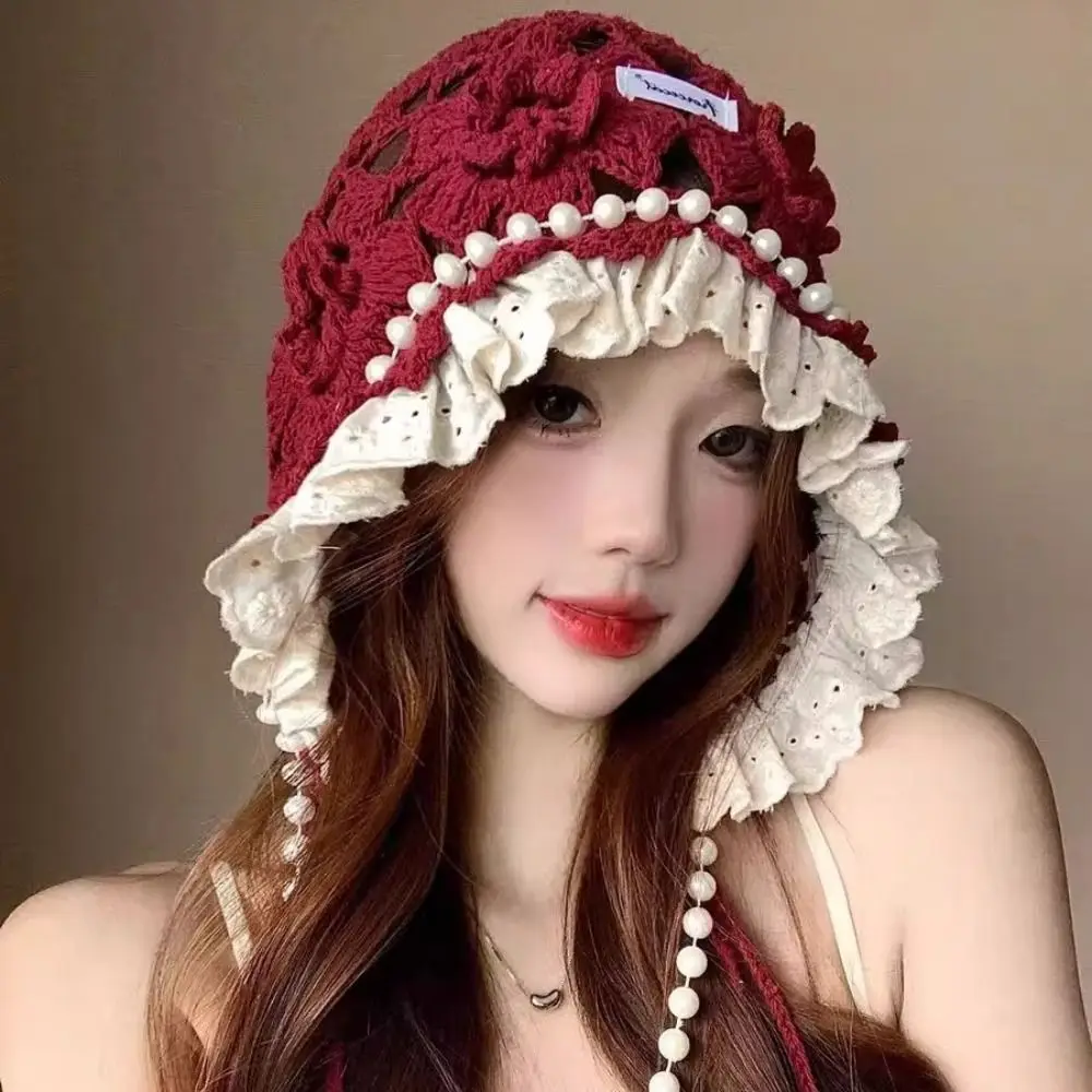 Glands de perles Crochet fleur tricoté chapeau évider Style bohème tricot casquette coréen à la main Style ethnique chapeau vêtements accessoires