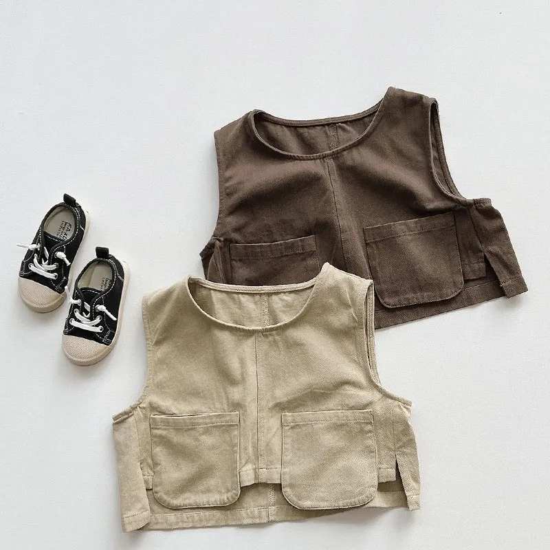 2024 New Vintage Waistcoats Children Spring Vest Boys Cool Fashion Personality Sleeveless Jacket Girls Boutique Cotton Vests