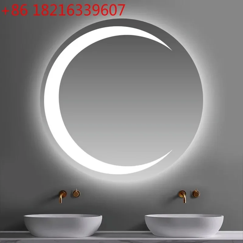 Light luxury moon-shaped round led smart bathroom mirror bathroom bedroom touch screen wall hanging anti-fog