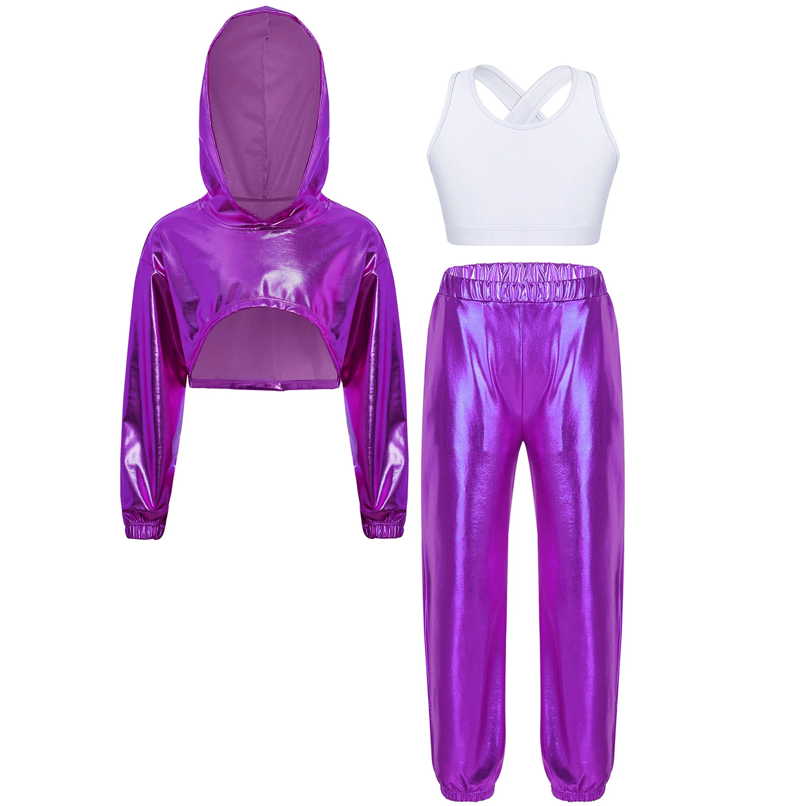 

Girls Hip-Hop Set Fashion Streetwear Kids Long Sleeve Metallic Cropped Hoodie with Vest And Pants Jazz Dance Performance Sets