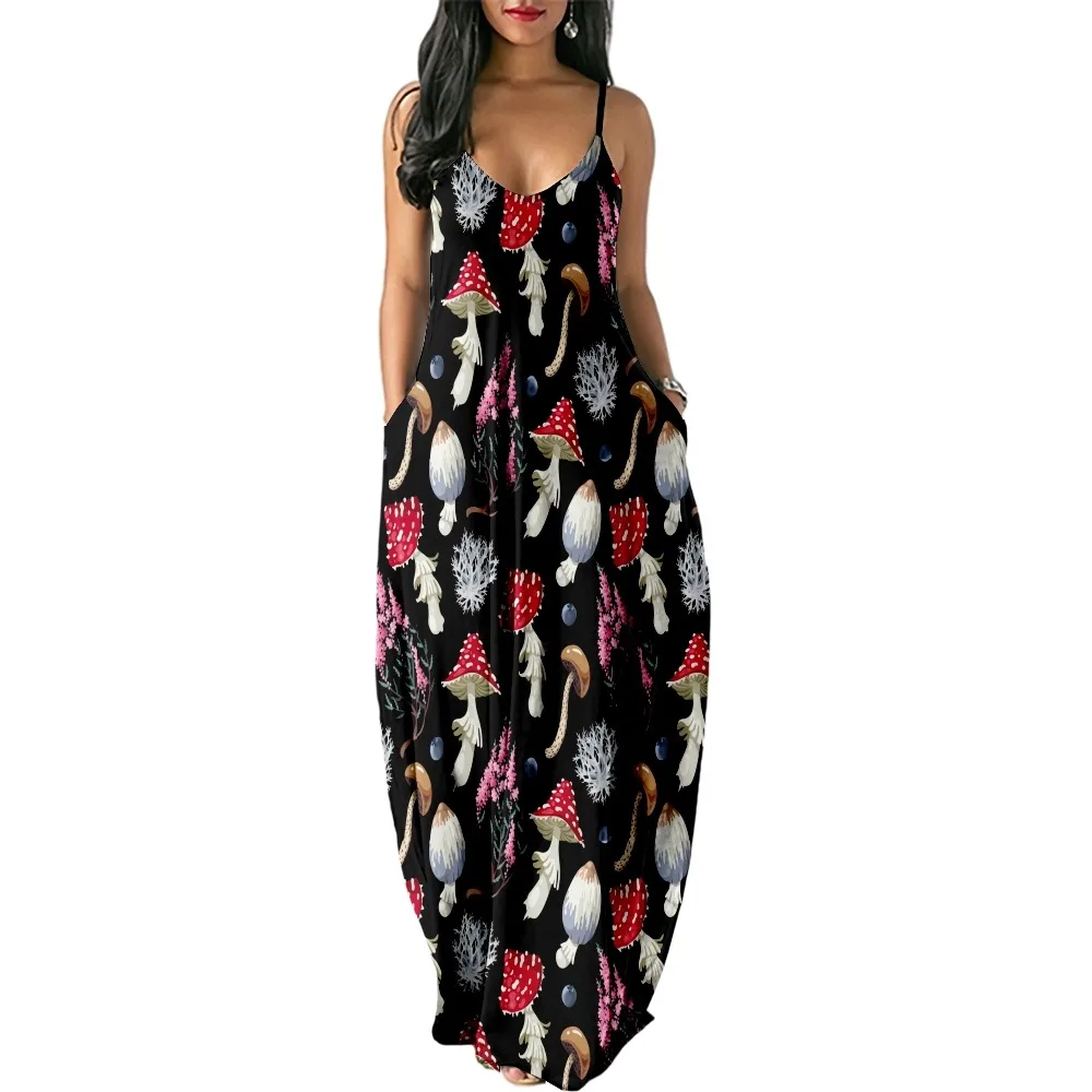 

2022 Mushroom Print Women Casual Short Sleeve Camisole Dress Loose Long Double Pocket Beach Resort Dress Woman Dress