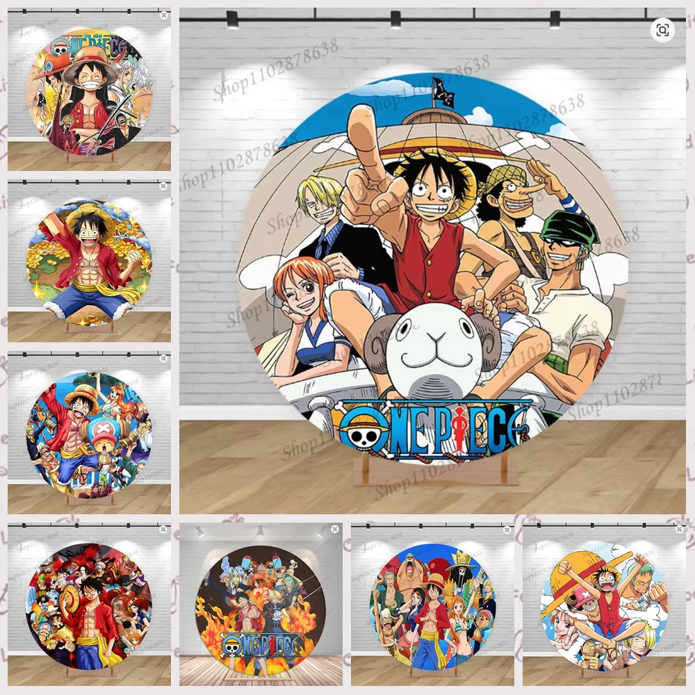 One Piece Luffy Round Backdrop Cloth Elastic Straw Hat Pirates Boy Birthday Party Baby Baptism Party Decoration Photography Prop