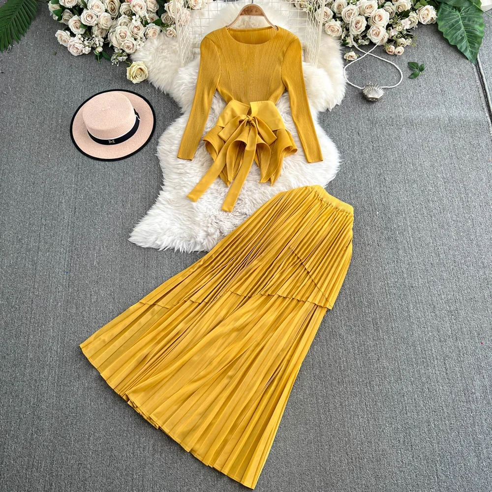 Elegant Long Sleeve Vintage O-neck Chic Bandage Slim Top High Waist Pleated Skirt Fashion Evening High Street Autumn Winter Sets