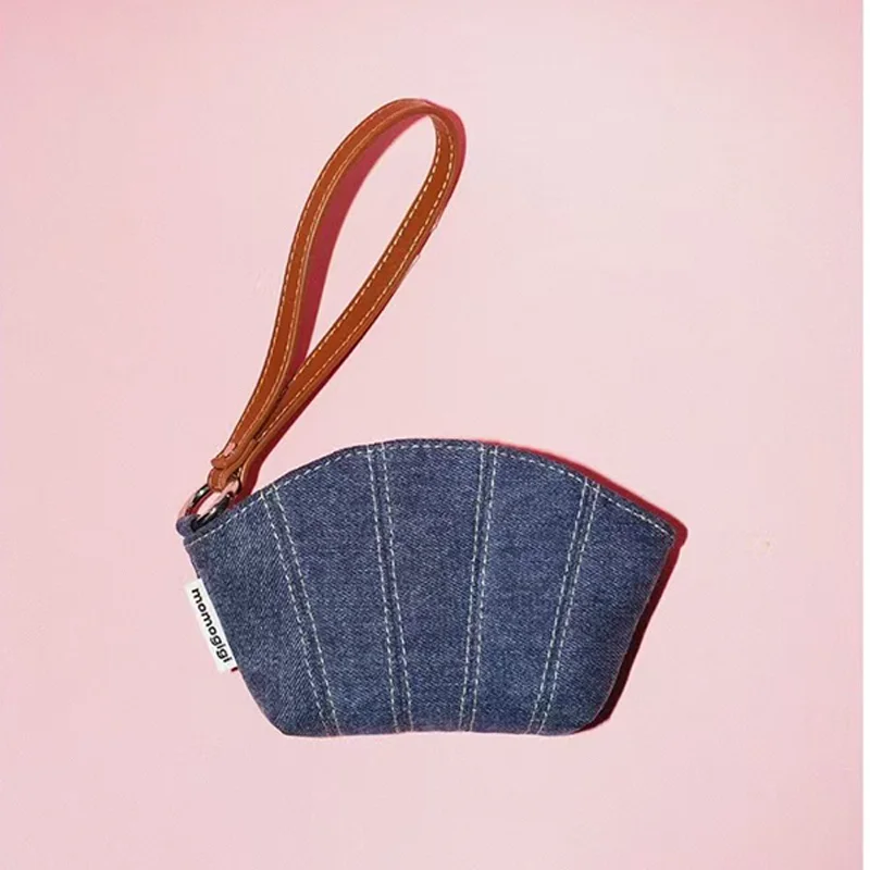 Denim Wristlet Lipstick Pouch, Retro Denim Shell Shaped Coin Purse, Neck Hanging Mini Bag, Great Gift