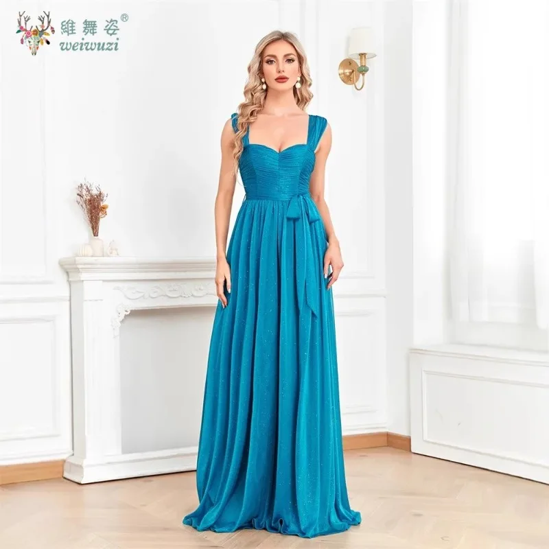 

Blue Luxury Sparkling Chiffon High Waist Slit A-line Cocktail Party Evening Dress Elegant Floor-length Wedding Bridesmaid Dress