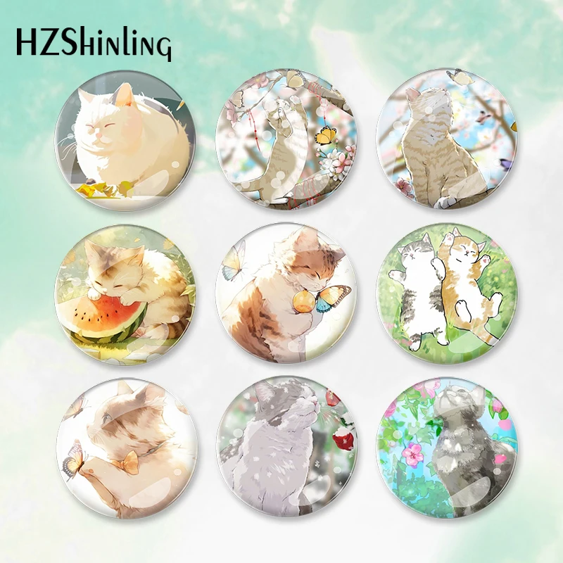 2023 Cartoon Cat Playing Butterfly Pattern Round Button Badge Brooch For Clothes Backpack Decoration Pin Jewelry